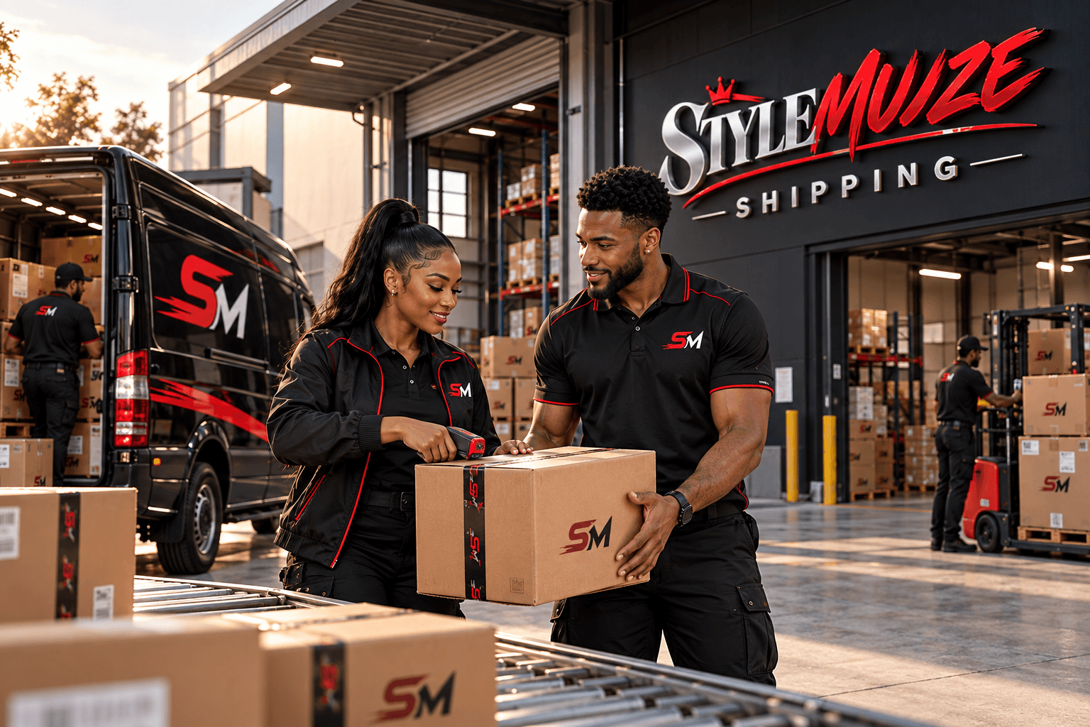 Stylemuze Shipping branded warehouse with staff preparing a parcel