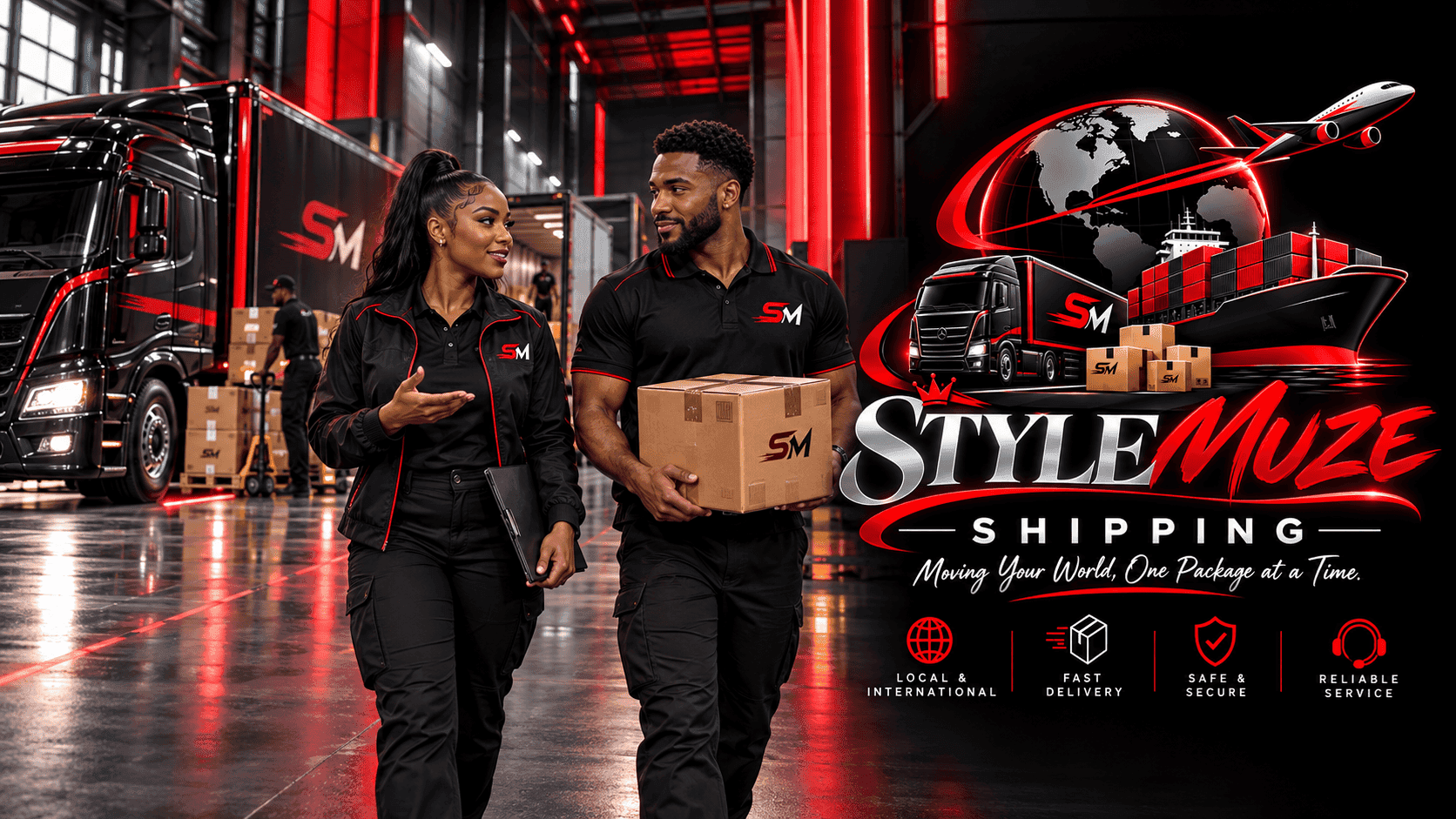 Stylemuze Shipping brand artwork with logistics staff and international transport
